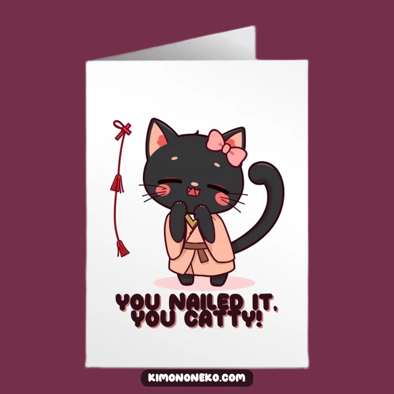 Free Printable Congrats Card: Humorous Kawaii Black Cat Kimono, Playful String Batting Gift