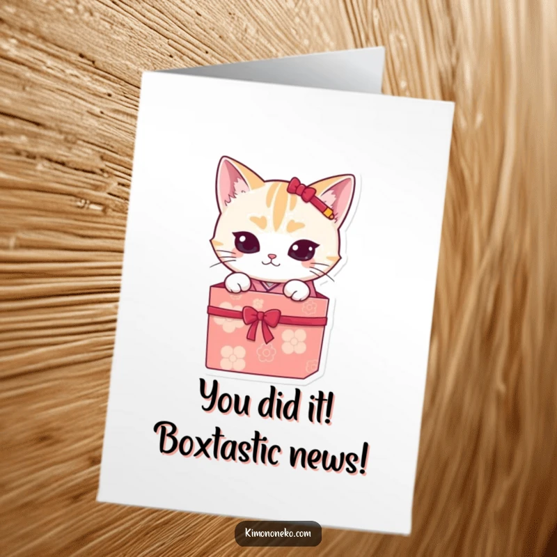 Funny Free Printable Congratulations Card showcasing a mischievous kawaii cat in a kimono peeking from a gift box with excitement.