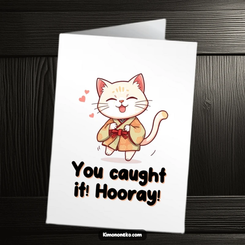 Funny Free Printable Congratulations Card: Mischievous cat in traditional kimono chasing its tail, celebrating success.