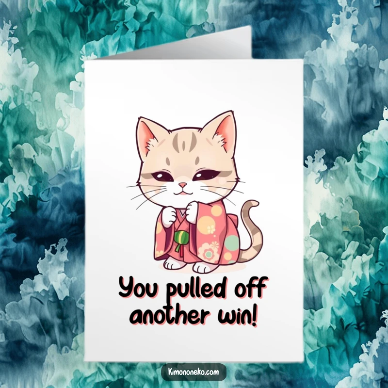 Funny Free Printable Congratulations Card: a mischievous cat in a bright kimono hiding playfully, a fun way to say congrats.