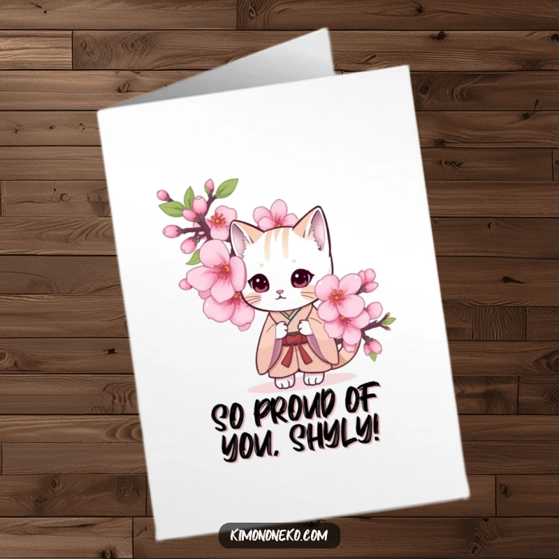 Funny Free Printable Congratulations Card: a shy cat in a kimono peeking from behind a cherry blossom, a cute and funny congrats.