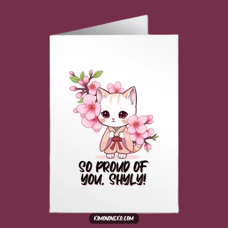 Free Printable Congrats Card: Shy Cat Kimono Blossom Funny Downloadable Gift