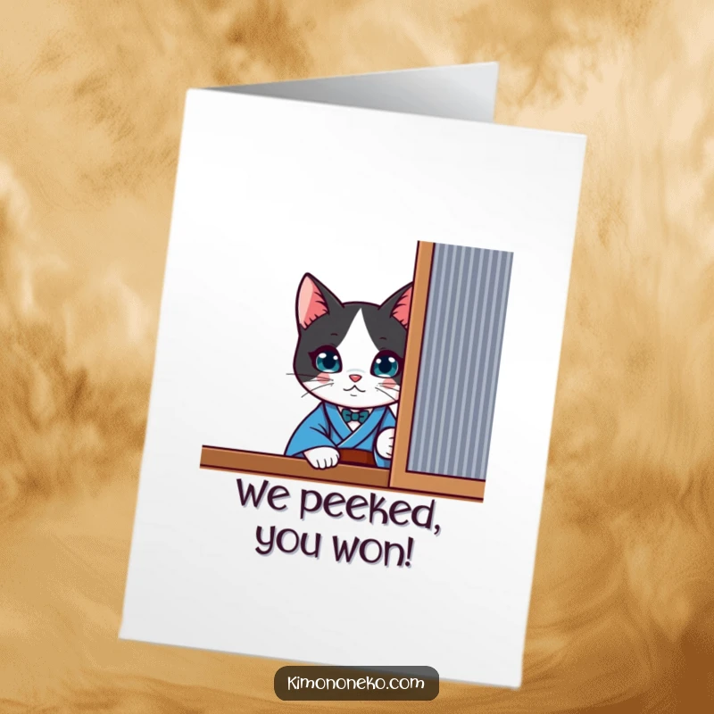 Free Printable Congratulations Card: A kawaii tuxedo cat in a blue kimono curiously peeks from behind a screen.