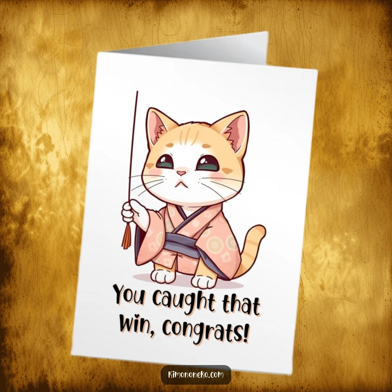 Funny Free Printable Congratulations Card: A curious cat in a kimono is distracted by a dangling thread.