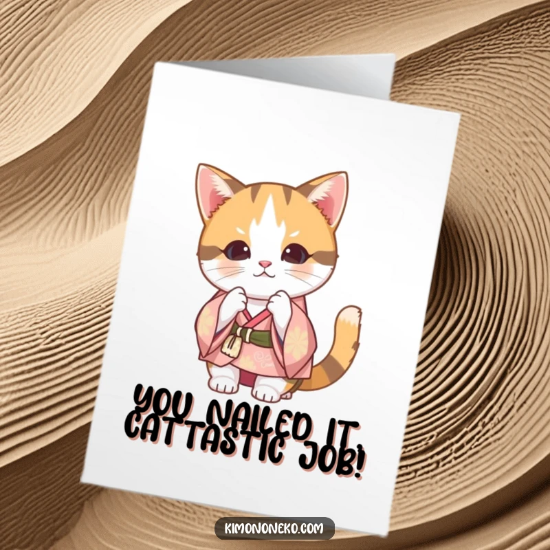 Funny Free Printable Congratulations Card featuring a Kawaii calico cat in a festive kimono performing a polite, celebratory bow.