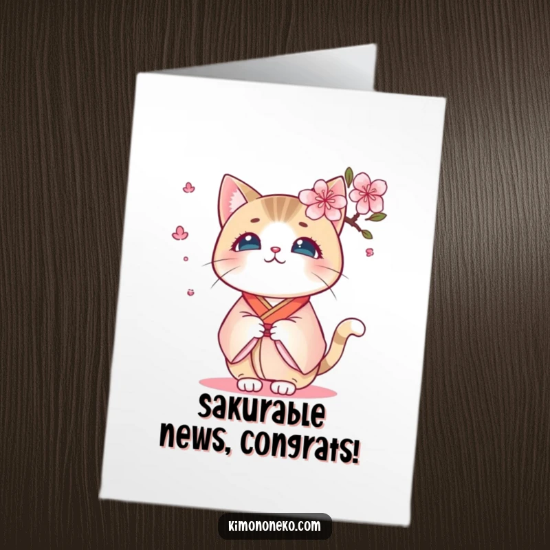 Funny Free Printable Congratulations Card: A kawaii cat in a kimono reacts with surprise to a falling cherry blossom, downloadable.