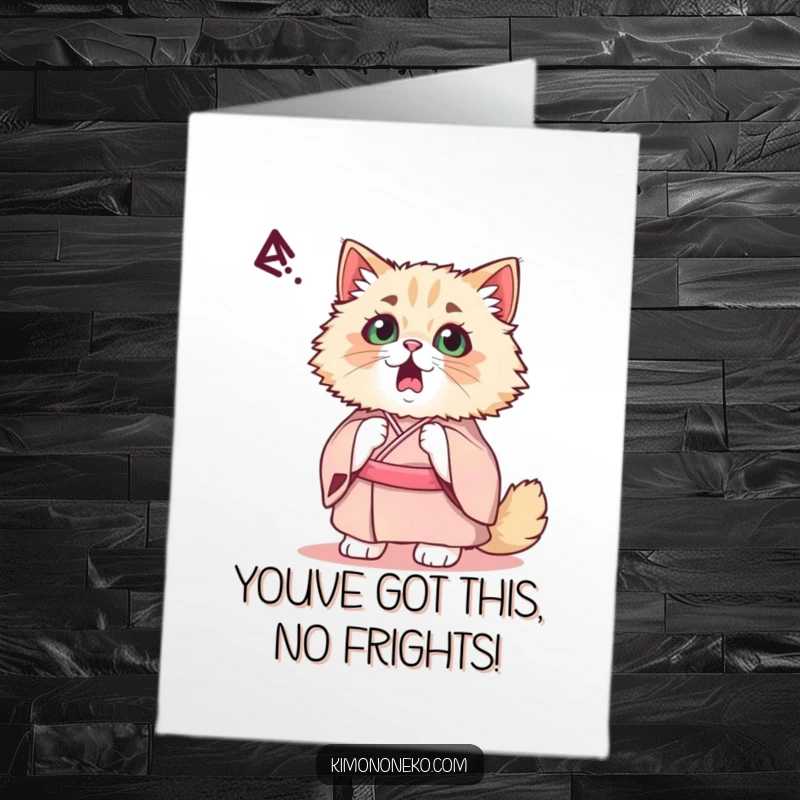 Funny Free Printable Congrats Card: Startled kawaii Persian cat in a fancy kimono reacting dramatically.