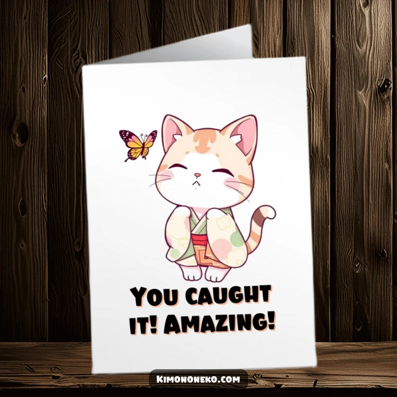 Funny Free Printable Congrats Card: Playful cat in a kimono celebrates a win, batting joyfully at a butterfly of achievement.