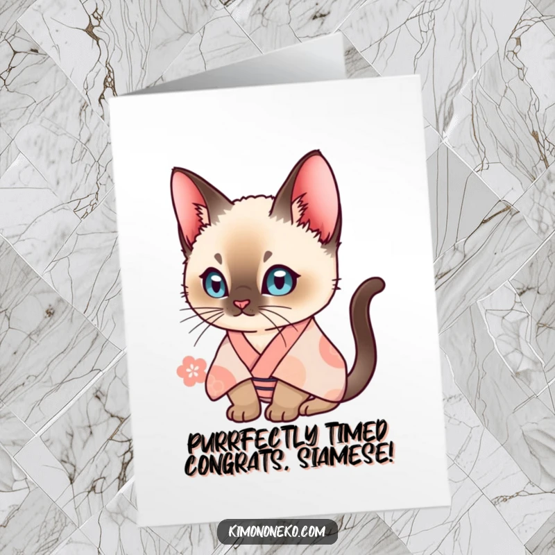 Funny Free Printable Congratulations Card with a curious Siamese cat in a patterned kimono, offering warm wishes.