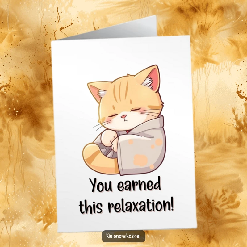 Funny Free Printable Congrats Card: Sleepy cat in a kimono snoozes contentedly, celebrating a quiet, well-deserved win.