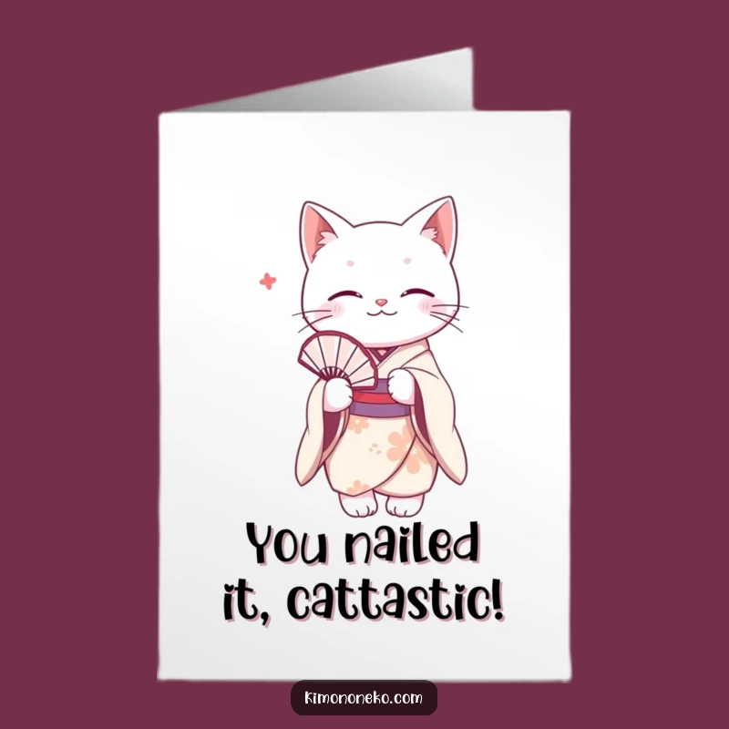Free Printable White Cat Congrats Card: Kimono Fan Humor Downloadable Gift