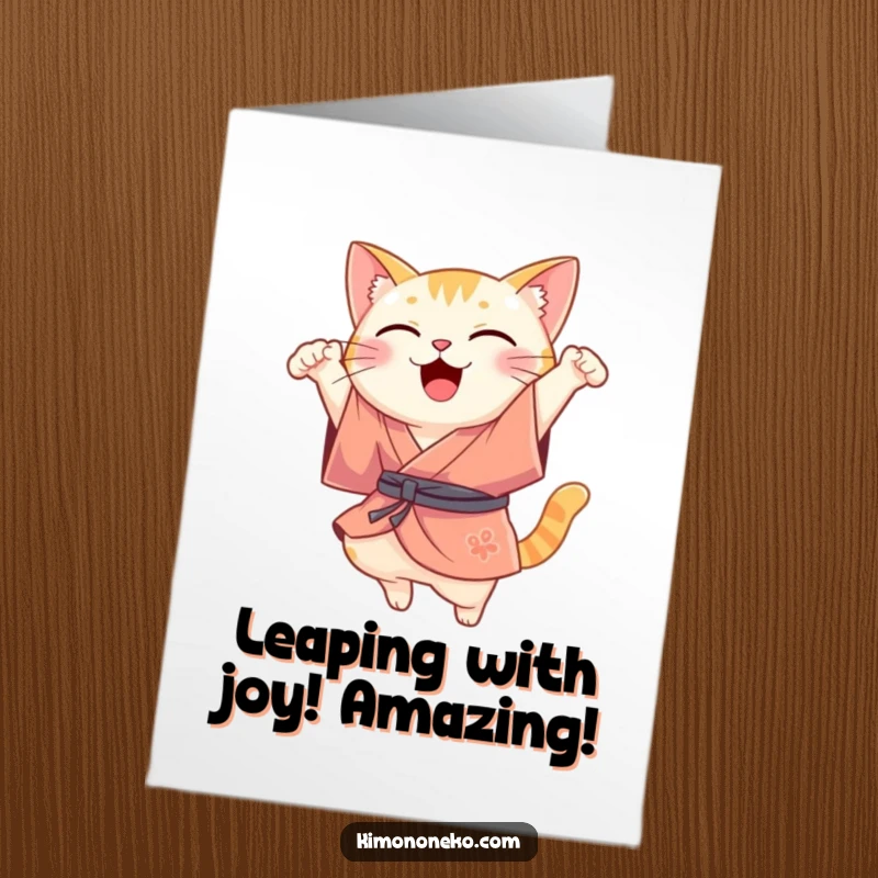 Funny Free Printable Congrats Card: Kawaii cat in a kimono executes a joyful leap, celebrating success with exuberant delight.