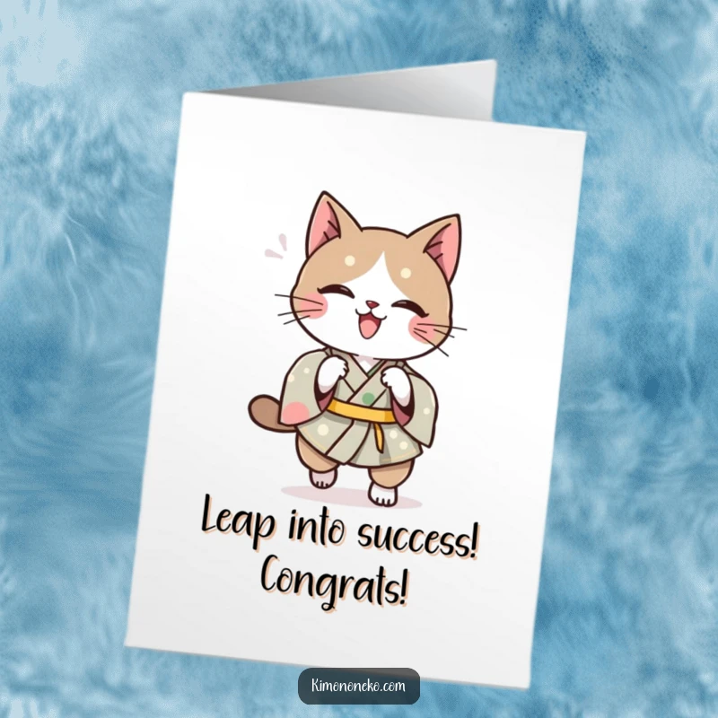 Funny Free Printable Congrats Card: Kawaii cat in a kimono prepares for a playful pounce, ready to celebrate their success.