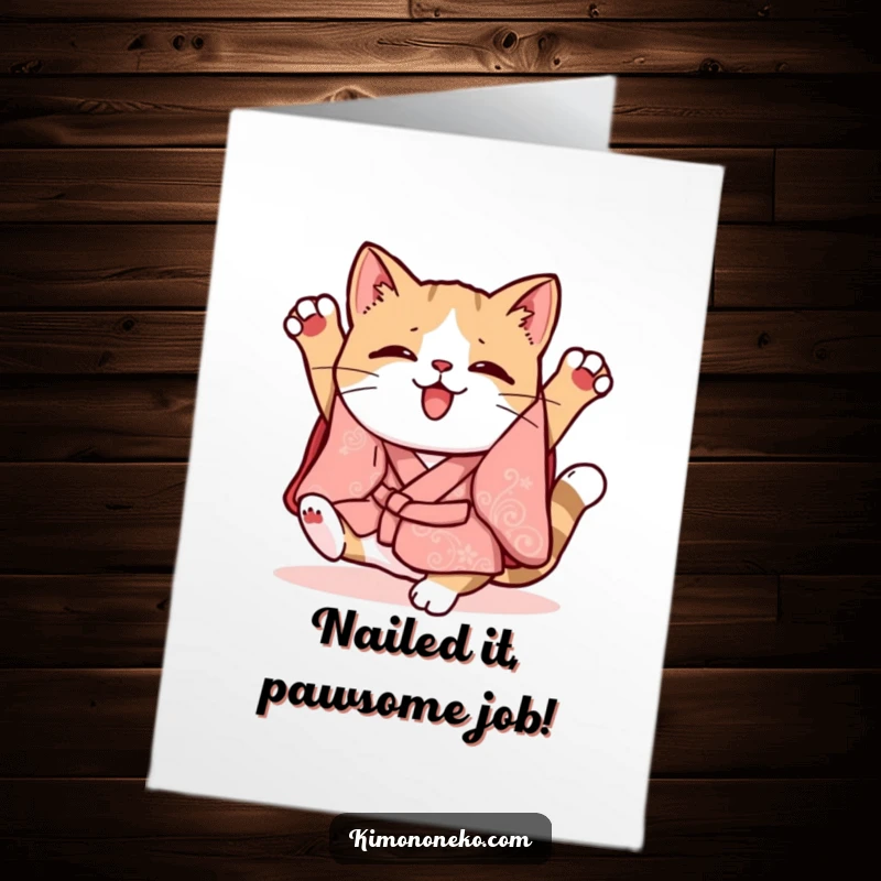 Funny Free Printable Congratulations Card: Kawaii cat in a whimsical kimono attempts a clumsy somersault, celebrating with a flop.