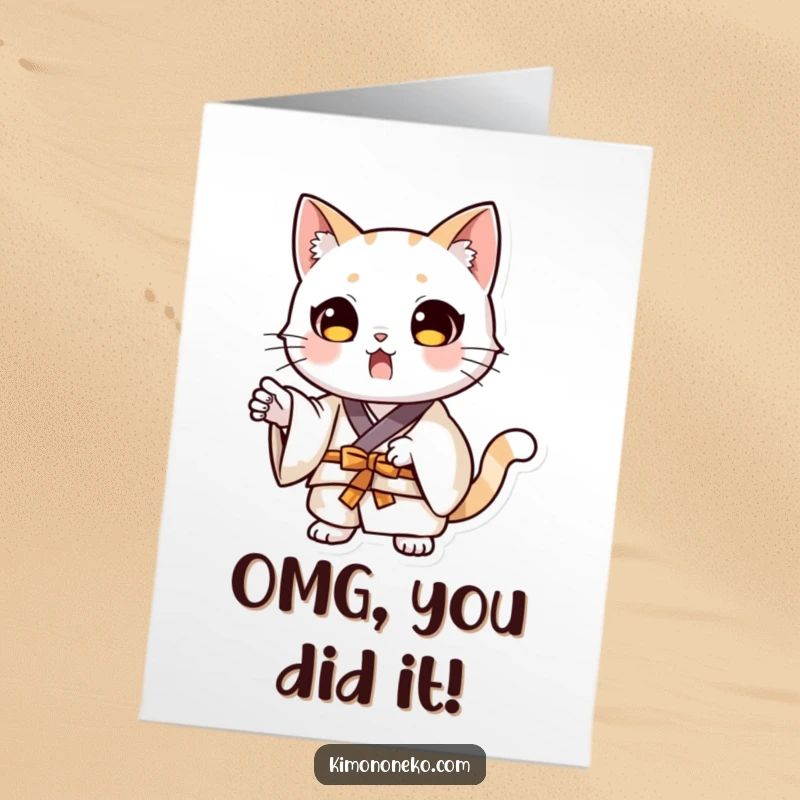 Free Printable Congratulations Card: A kawaii cat wearing a traditional kimono, caught in a dramatic, surprised pose.