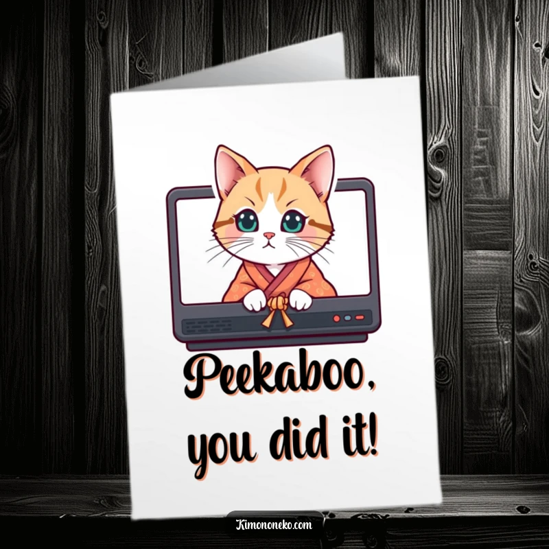 Funny Free Printable Congratulations Card: A curious cat in a bright kimono peeking from behind screens for a surprise.
