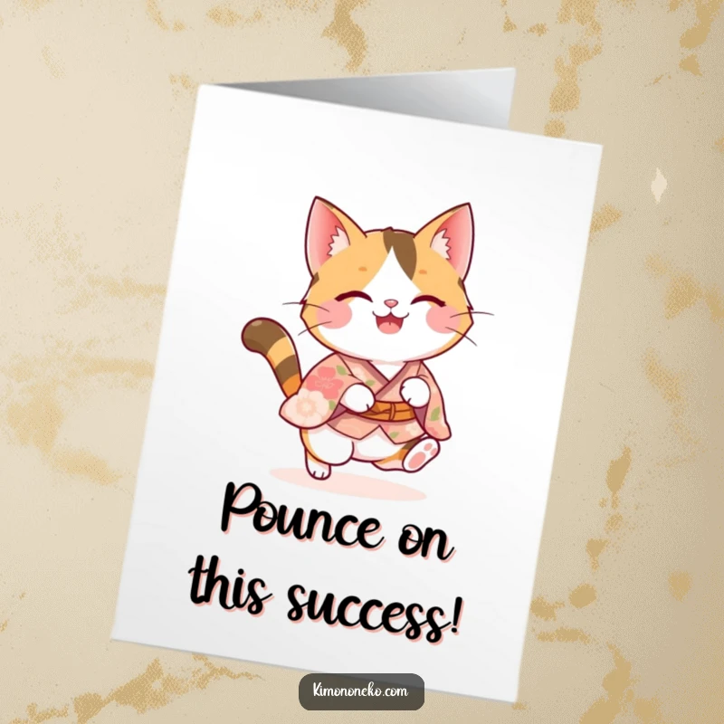 Funny Free Printable Congrats Card: Cute calico kawaii cat in floral kimono doing a joyful pounce, a great downloadable greeting.