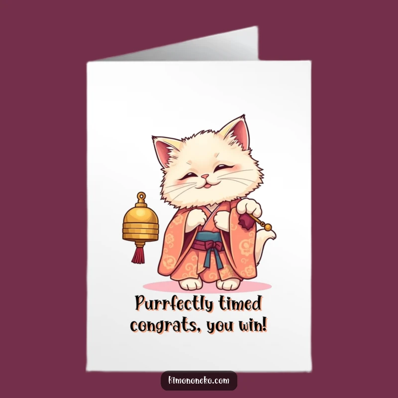Free Printable Congrats Card: Kawaii Cat in Kimono, Playful Downloadable Gift for Big Wins!