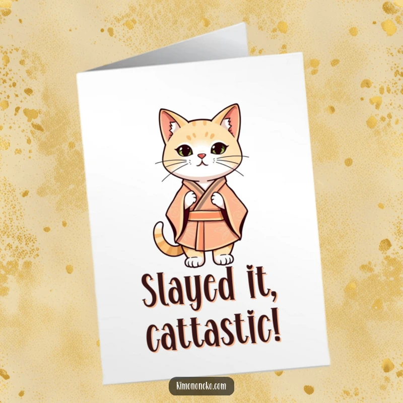 Funny Free Printable Congratulations Card: Kawaii cat in a stylized kimono stands confidently, celebrating a momentous occasion.