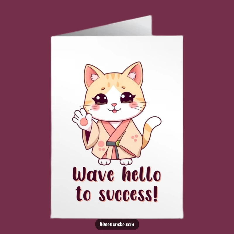 Free Printable Smiling Cat Congrats Card: Waving Kimono Humor Download
