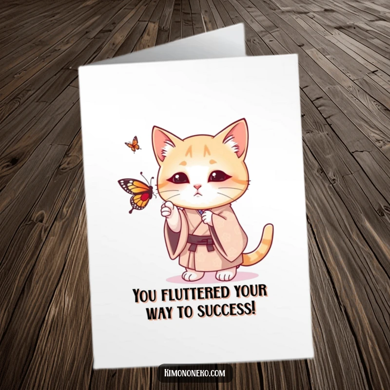 Funny Free Printable Congratulations Card: Cat in kimono playfully batting at a butterfly, perfect for any celebration.