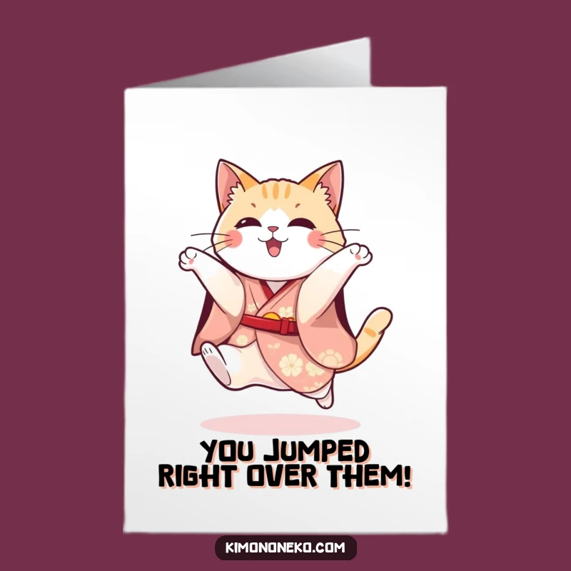 Free Printable Congrats Card: Playful Kimono Cat Jump - Downloadable Gift