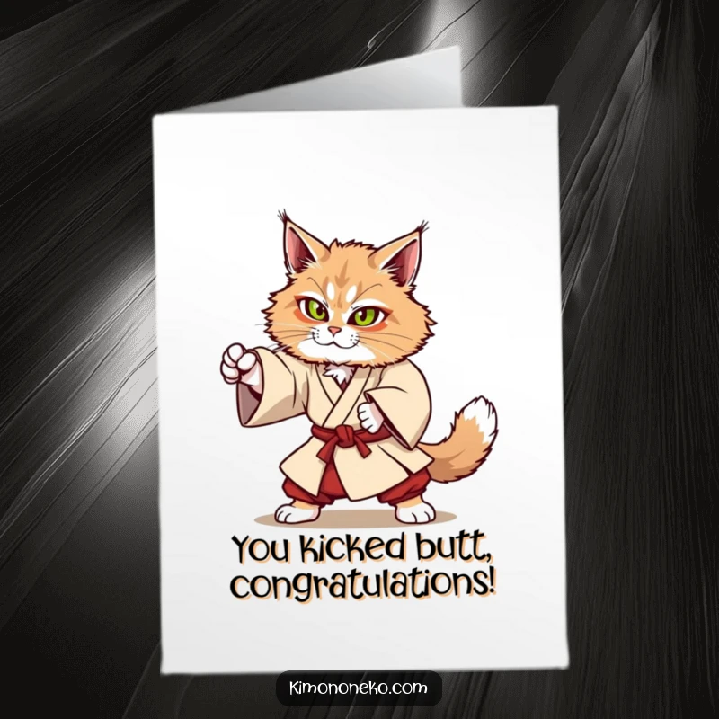 Funny Free Printable Congratulations Card: A Kawaii Maine Coon cat in a sturdy kimono, performing an impressive martial arts move.