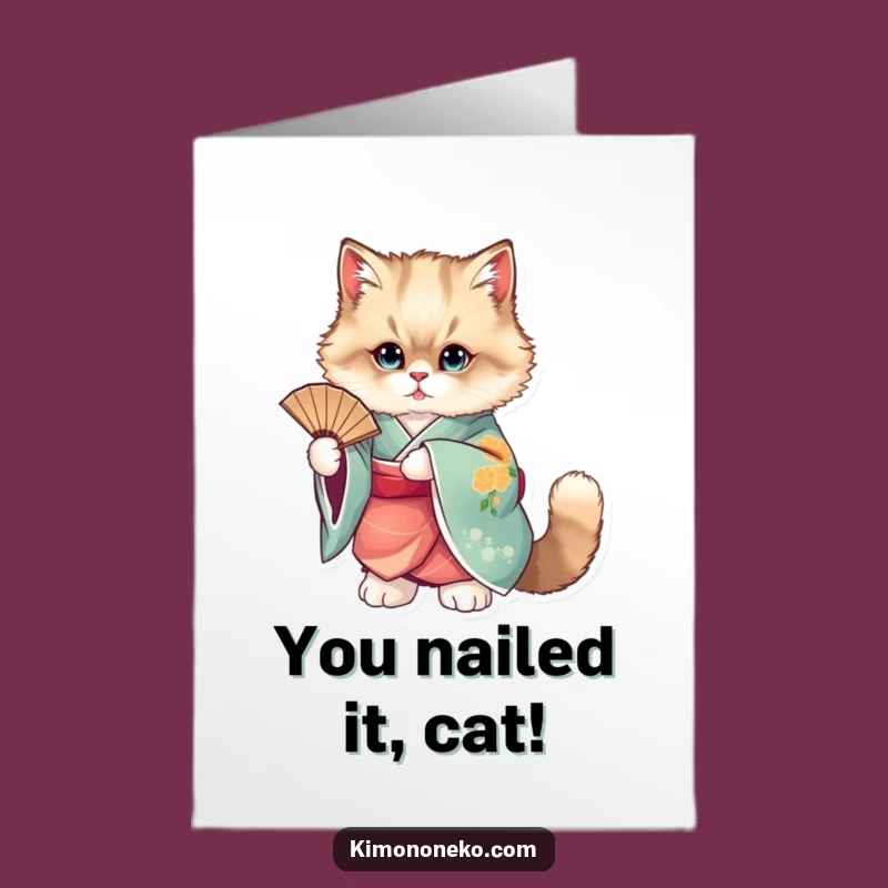 Free Printable Cat Congratulations Card: Kimono Elegance Downloadable for Any Win