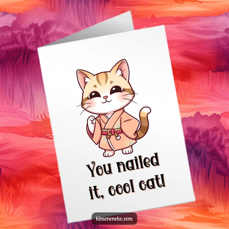 Funny Free Printable Congratulations Card of a stylish cat in a modern kimono, posing confidently with a smile.