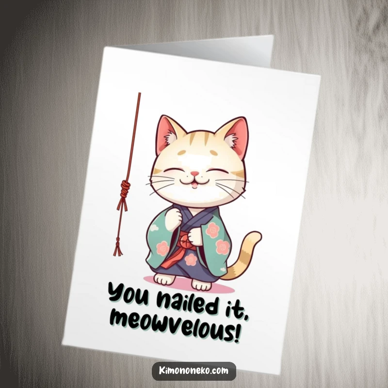Funny Free Printable Congratulations Card: Adorable Kawaii cat in kimono bats at string, celebrating success with humor.
