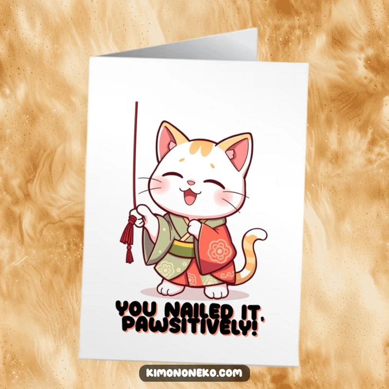 Funny Free Printable Congrats Card: Kawaii cat in a vibrant kimono batting a string, conveying playful excitement.