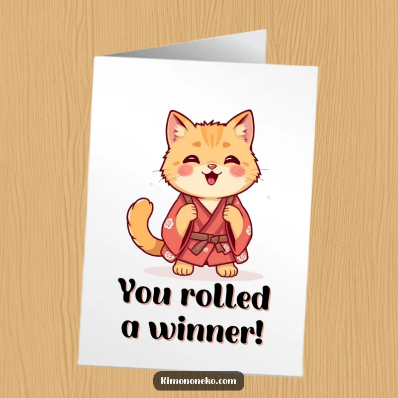Funny Free Printable Congratulations Card: A ginger cat in a casual kimono does a carefree, happy roll.