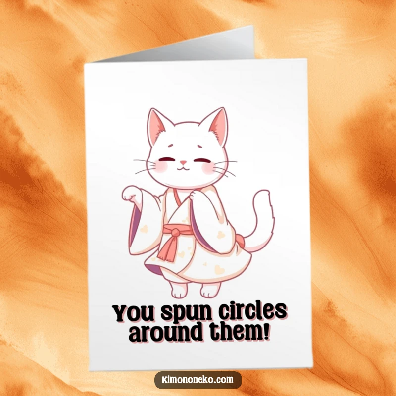 Funny Free Printable Congratulations Card of a Kawaii white cat in a flowing kimono, twirling gracefully to express delight.