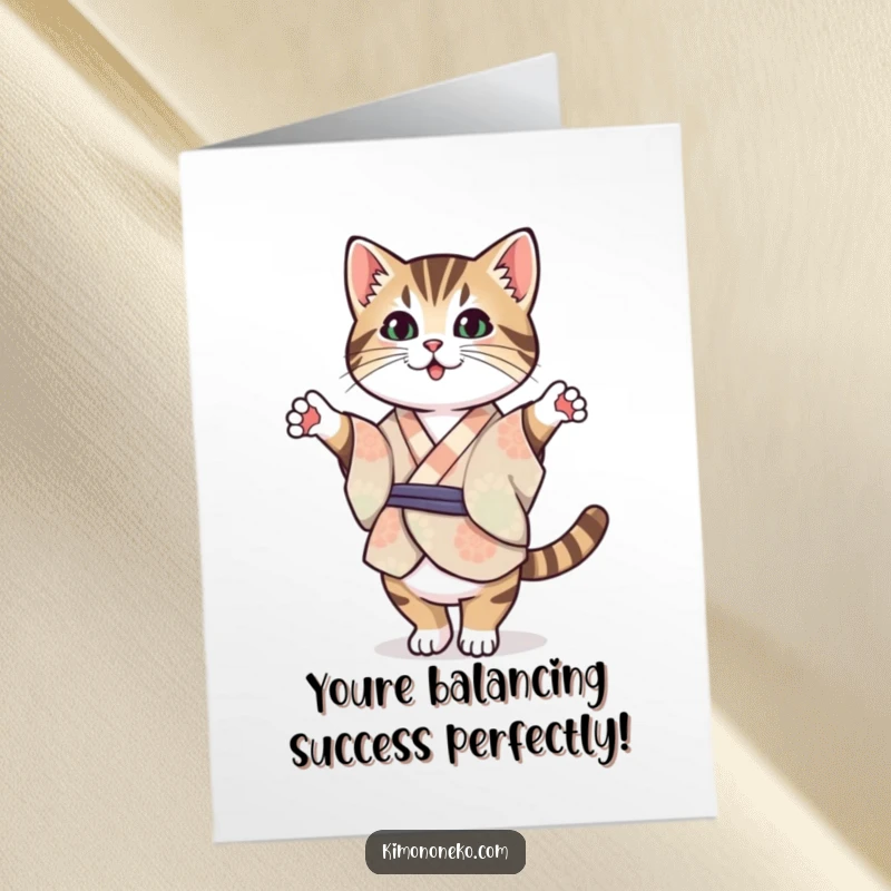 Funny Free Printable Congratulations Card of a Kawaii tabby cat in a patterned kimono, balancing expertly on its hind legs.