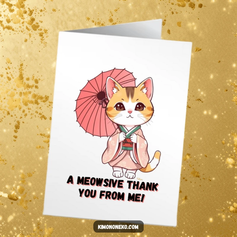 Funny Free Printable Thank You Card: Adorable calico cat in a kimono with a parasol, expressing thanks gracefully.