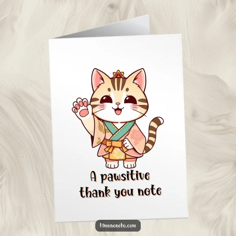 Funny Free Printable Thank You Card: A striped cat in a festive kimono waves a thankful paw.