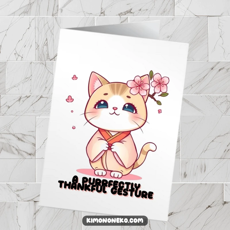 Funny Free Printable Thank You Card: Kawaii cat in a kimono looks shocked by a floating cherry blossom, a unique gift.