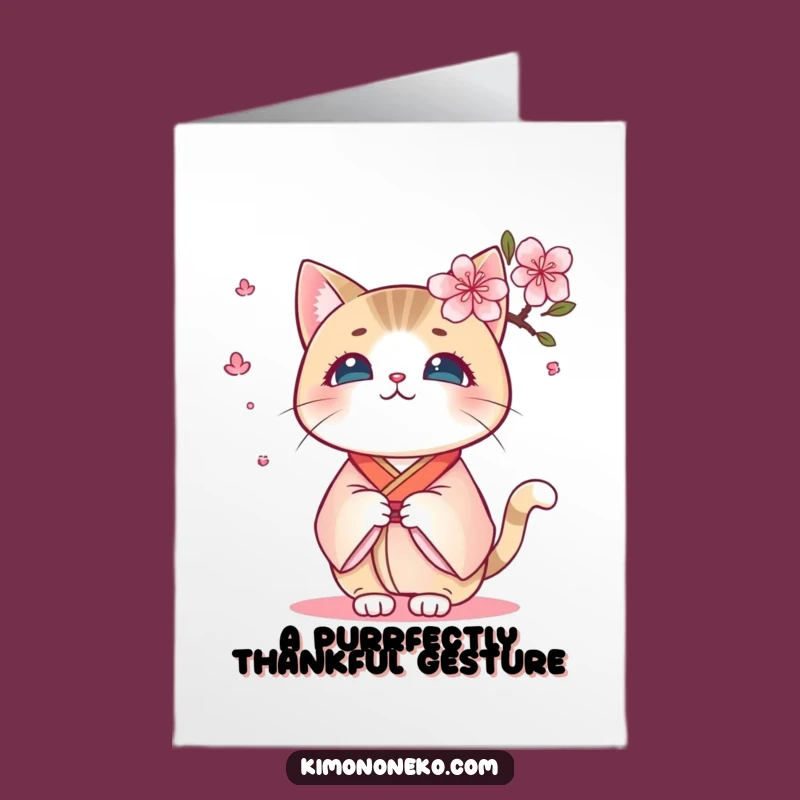 Free Printable Kawaii Cat Kimono Thank You Card: Funny Blossom Gratitude Gift