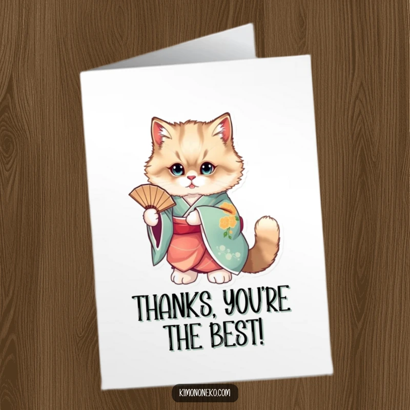 Funny Free Printable Thank You Card: A fluffy cat in an exquisite kimono poses elegantly, holding a fan.