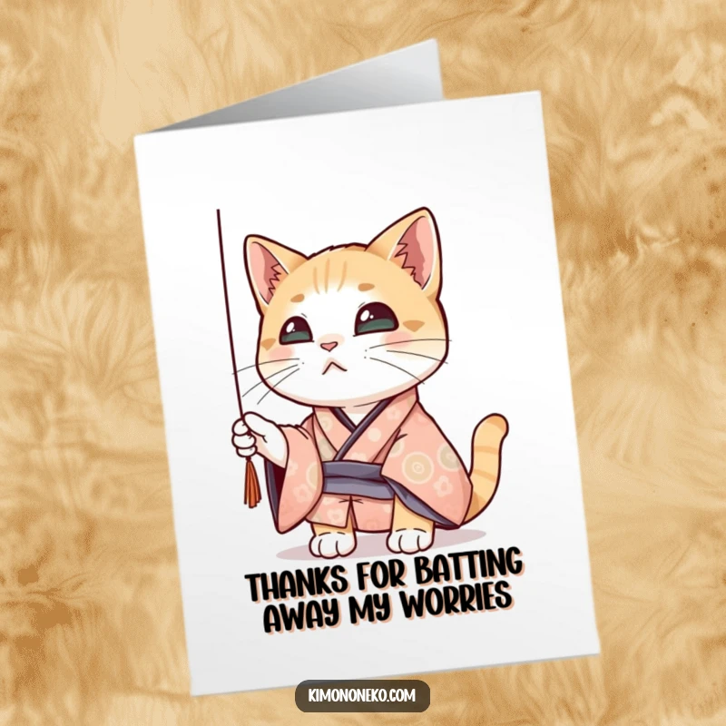 Funny Free Printable Thank You Card: A curious cat in a kimono playfully swats at a loose thread.