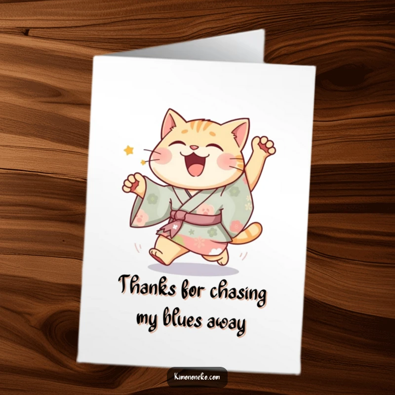 Funny Free Printable Thank You Card: A joyful cat in a vibrant kimono dashes with happy thanks.