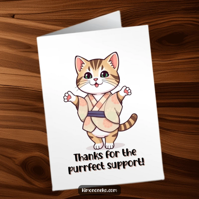 Funny Free Printable Thank You Card featuring a Kawaii tabby cat in a patterned kimono, demonstrating impressive balance on its hind legs.