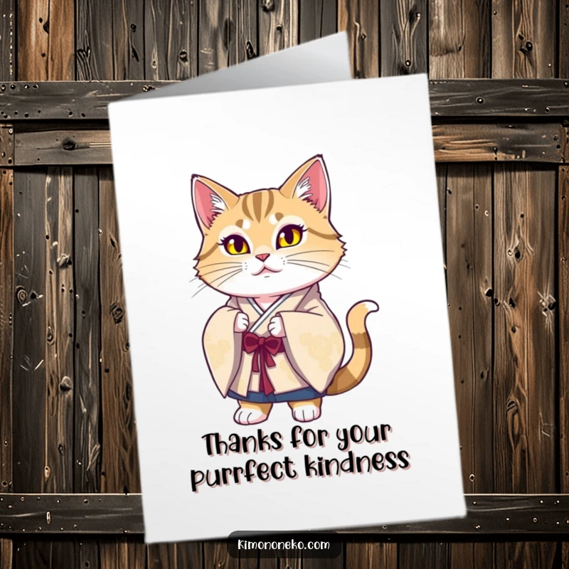 Funny Free Printable Thank You Card: Majestic cat in a kimono gracefully expresses thanks with a proud bow.