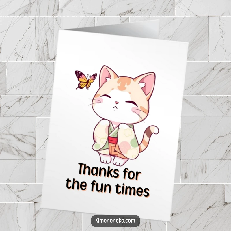 Funny Free Printable Thank You Card: A playful cat in a kimono thanks you with a delightful chase after a butterfly.
