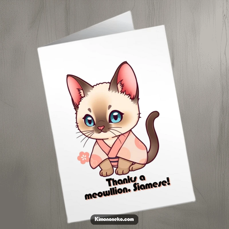 Funny Free Printable Thank You Card: a curious Siamese cat in a patterned kimono, offering thanks with a quirky expression.