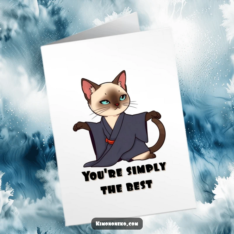Funny Free Printable Thank You Card: A sleek Siamese cat in a dark kimono elegantly stretching to convey thanks.
