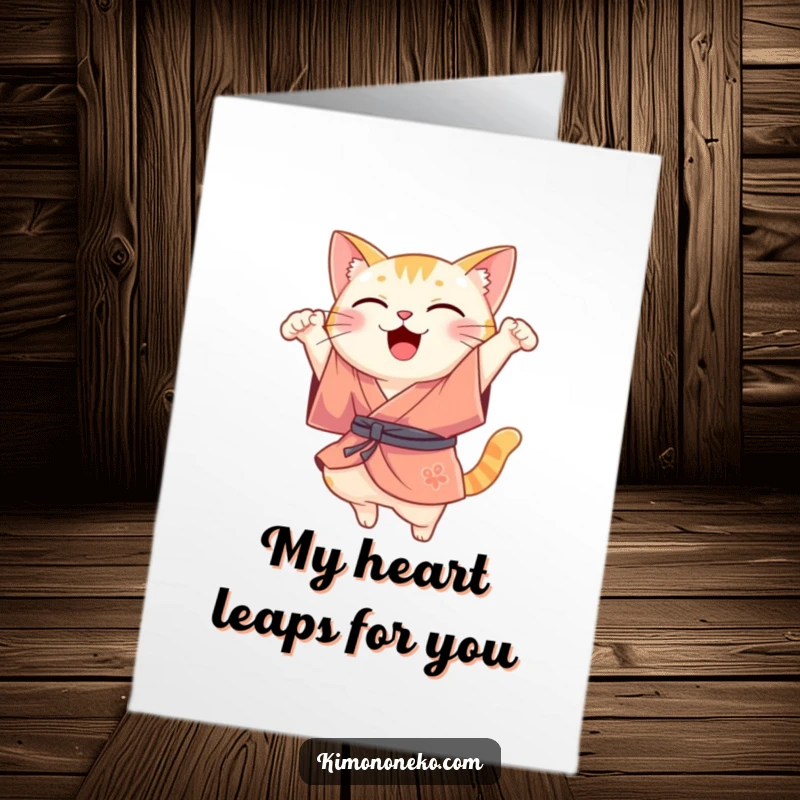 Funny Free Printable Thank You Card: Kawaii cat in a silk kimono performs a joyful leap, conveying thanks with infectious happiness.
