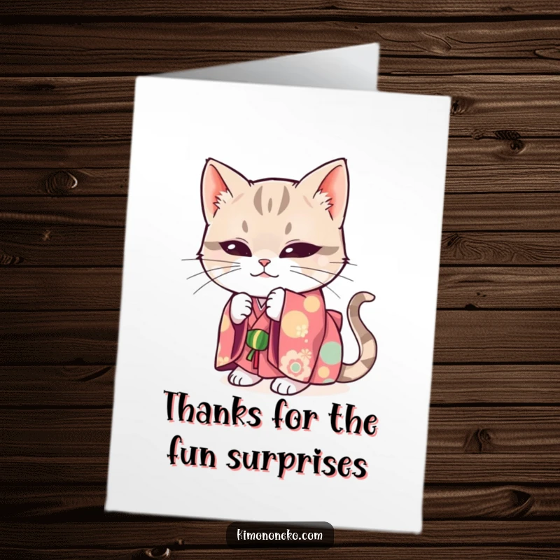 Funny Free Printable Thank You Card: a mischievous cat in a bright kimono hiding playfully, a fun and funny thank you.