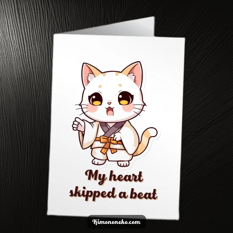 Funny Free Printable Thank You Card: Kawaii cat in a kimono, striking a dramatic and surprised pose.
