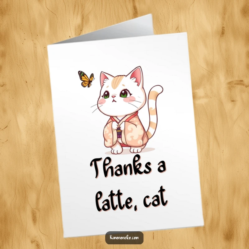 Funny Free Printable Thank You Card of a surprised cat in a festive kimono, tail fluffed, looking at a butterfly.